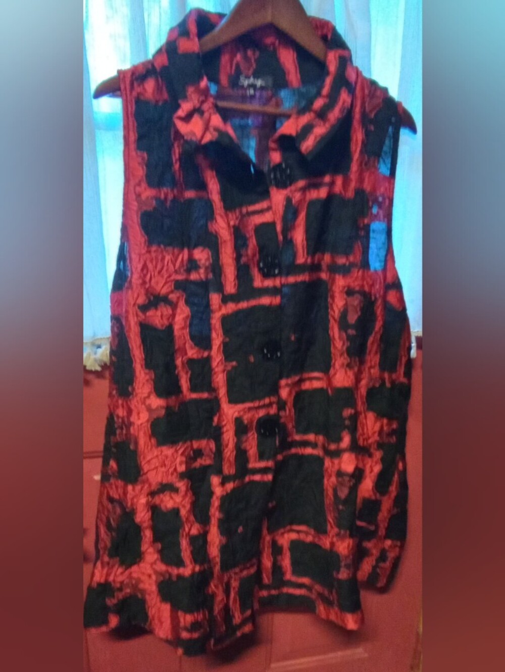 Sydney Sleeveless Red & Black Patterned Tunic Jacket Long Vest